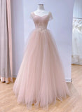 Pink Tulle Short Sleeves A-line Long Evening Dress, Pink Tulle Prom Dress HZ1024