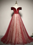 Red Off Shoulder Tulle A-line Long Formal Dress, Red Tulle Prom Dress HZ1024