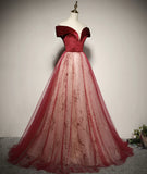 Red Off Shoulder Tulle A-line Long Formal Dress, Red Tulle Prom Dress HZ1024