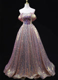 A-line Off Shoulder Sequins Long Prom Dress Party Dress, Sequins Evening Dress HZ1024