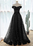 A-line Black Off Shoulder Long Lace Party Dress, Off Shoulder Prom Dress HZ1024