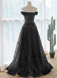 A-line Black Off Shoulder Long Lace Party Dress, Off Shoulder Prom Dress HZ1024