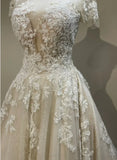Tulle Long Neckline Tulle With Lace Applique Wedding Party Dress, Tulle Wedding Dress HZ1024