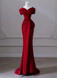 Wine Red Satin Off Shoulder Long Evening Dress, Wine Red Formal Dress Prom Dress HZ1024