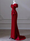 Wine Red Satin Off Shoulder Long Evening Dress, Wine Red Formal Dress Prom Dress HZ1024