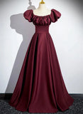 Wine Red Satin A-line Simple Off Shoulder Prom Dress, Wine Red Evening Dress HZ1024