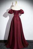 Wine Red Satin A-line Simple Off Shoulder Prom Dress, Wine Red Evening Dress HZ1024
