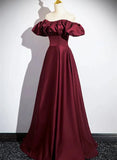 Wine Red Satin A-line Simple Off Shoulder Prom Dress, Wine Red Evening Dress HZ1024
