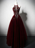 Beautiful Wine Red Velvet Long Evening Dress, Beaded Wine Red Party Dress Formal Dress HZ1024