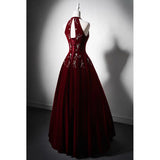 Beautiful Wine Red Velvet Long Evening Dress, Beaded Wine Red Party Dress Formal Dress HZ1024