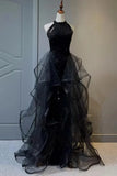 A-line Sequins with Tulle Wine Red Long Party Dress, Wine Red Halter Prom Dress HZ1024