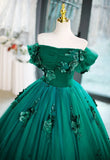 Green Off Shouldr Ball Gown Flowers Tulle Formal Dress, Green Floor Length Party Dress HZ1024