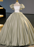 Green Short Sleeves Ball Gown Satin Long Sweetheart Dress, Green Long Formal Dress HZ1024