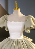 Green Short Sleeves Ball Gown Satin Long Sweetheart Dress, Green Long Formal Dress HZ1024