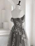 Grey Sweetheart Off Shoulder Tulle Long Party Dress, A-line Grey Prom Dress Evening Dress HZ1024