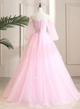 Pink Off Shoulder Tulle Ball Gown Formal Dress, Pink Flowers Party Dress Sweet 16 Dress HZ1024