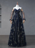 Navy Blue Tulle A-line Long Party Dress Evening Dress, Navy Blue Long Prom Dress HZ1024