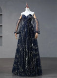 Navy Blue Tulle A-line Long Party Dress Evening Dress, Navy Blue Long Prom Dress HZ1024