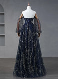 Navy Blue Tulle A-line Long Party Dress Evening Dress, Navy Blue Long Prom Dress HZ1024