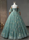 Green Floral Straps Sweetheart Long Party Dress, Green Sweet 16 Dress HZ1024