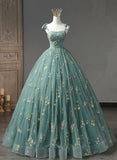 Green Floral Straps Sweetheart Long Party Dress, Green Sweet 16 Dress HZ1024
