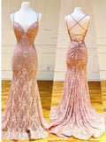 Green V-neckline Lace Cross Back Mermaid Party Dress, Green Long Evening Dress Prom Dress HZ1024