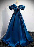 Blue Satin Long Off Shoulder A-line Prom Dress, Blue Sweetheart Evening Dress HZ1024