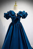 Blue Satin Long Off Shoulder A-line Prom Dress, Blue Sweetheart Evening Dress HZ1024
