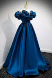 Blue Satin Long Off Shoulder A-line Prom Dress, Blue Sweetheart Evening Dress HZ1024