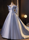 Blue Satin Off Shoulder Long Evening Dress Formal Dress, Blue Satin Prom Dress HZ1024