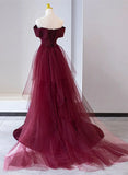 Wine Red Mermaid Lace-up Satin Long Formal Dress, Wine Red Off Shoulder Evening Dress HZ1024