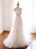 Ivory Tulle with Lace Round Neckline Long Wedding Party Dress, Ivory Tulle Prom Dress HZ1024
