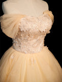 Champagne A-line Tulle Layers with Lace Party Dress, Long Tulle Formal Dress Prom Dress HZ1024