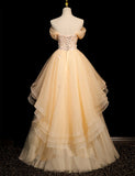 Champagne A-line Tulle Layers with Lace Party Dress, Long Tulle Formal Dress Prom Dress HZ1024