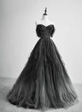 Black Tulle Off Shoulder Tulle Beaded Long Party Dress, Black Tulle Evening Dress Prom Dress HZ1024