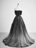 Black Tulle Off Shoulder Tulle Beaded Long Party Dress, Black Tulle Evening Dress Prom Dress HZ1024