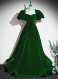 Green A-line Velvet Backless Long Party Dress, Green Short Sleeves Formal Dress Prom Dress HZ1024