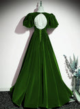 Green A-line Velvet Backless Long Party Dress, Green Short Sleeves Formal Dress Prom Dress HZ1024