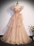 Cute A-line Shiny Tulle with Lace Off Shoulder Party Dress, Long Floor Length Prom Dress HZ1024