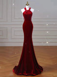 Wine Red Velvet Mermaid Halter Long Evening Dress, Wine Red Velvet Party Dress HZ1024