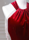 Wine Red Velvet Mermaid Halter Long Evening Dress, Wine Red Velvet Party Dress HZ1024