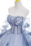 Light Blue Tulle Puffy Sleeves with Flowers Sweet 16 Dress, Light Blue Formal Dress HZ1024