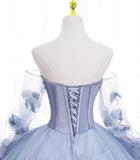 Light Blue Tulle Puffy Sleeves with Flowers Sweet 16 Dress, Light Blue Formal Dress HZ1024