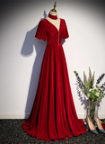 A-line Red Velvet High Neckline Wedding Party Dress, Red Velvet Long Prom Dress HZ1024