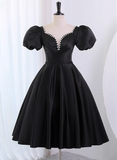 Black Satin Short Sleeves Homecoming Dress, Black Short Prom Dress HZ1024