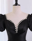 Black Satin Short Sleeves Homecoming Dress, Black Short Prom Dress HZ1024