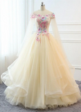 Light Champagne Off Shoulder Sweet 16 Dress, Champagne Tulle Long Formal Dress HZ1024