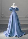 Off Shoulder Satin A-line Long Party Dress, Simple Pretty Floor Length Prom Dress HZ1024