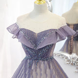 Purple Gradient A-line Beaded Tulle Long Prom Dress, Floor Length Purple Evening Dress HZ1024