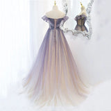 Purple Gradient A-line Beaded Tulle Long Prom Dress, Floor Length Purple Evening Dress HZ1024